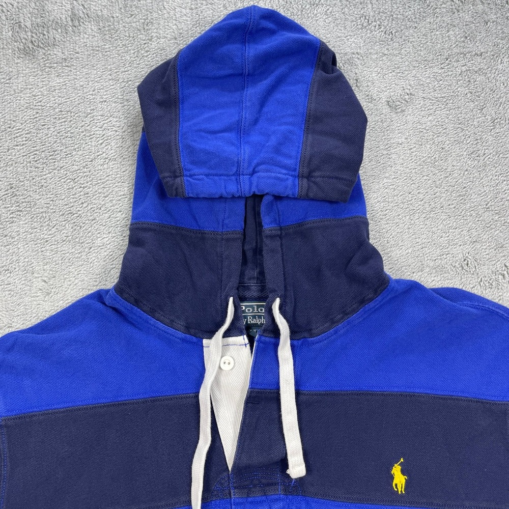 Polo Ralph Lauren Rugby Hoodie Mens XL Blue Striped Long Sleeve Polo Shirt Y2K - Picture 2 of 12